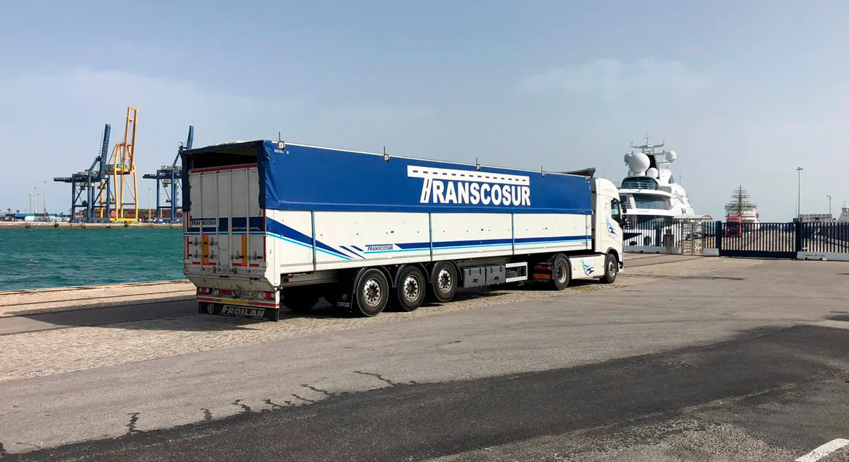 Semirremolque de lona azul con rótulo de Transcosur en una zona portuaria con grúas